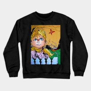 Young girl dreaming of butterflies and running from terrors behind her Crewneck Sweatshirt